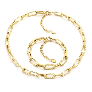 Gold stainless steel paperclip chain necklace and bracelet set with twisted texture