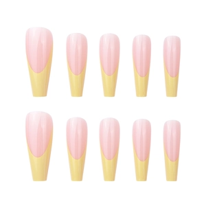 Pink and yellow long coffin press-on nails set with 10 pieces on white background