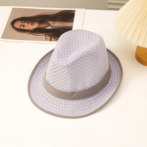 Breathable white mesh fedora hat with a grey fabric ribbon trim for a stylish summer look