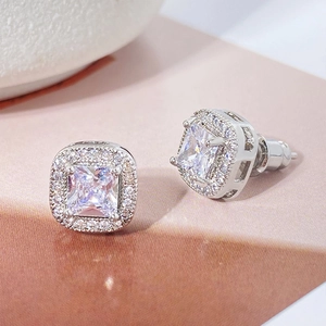 Elegant square princess cut halo stud earrings with 18k plating and micro-pave setting
