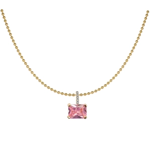 Elegant gold choker necklace featuring a pink emerald-cut zircon pendant with tiny diamonds
