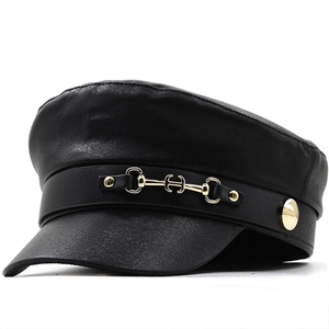 PU Leather Newsboy Cap For Women Vintage British Style Military Hat With Metal Horsebit Buckle Retro Flat Top
