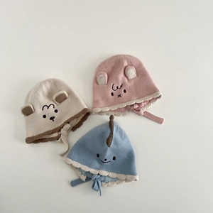 Winter knitted baby hats with animal embroidery and ear flaps in assorted colors