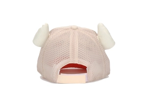 Detail of beige mesh baby baseball cap with cute horns and adjustable velcro strap
