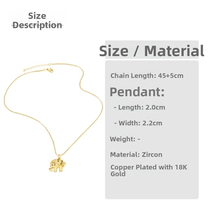 Detail view of gold elephant pendant with colorful zircon inlay and measurement guide