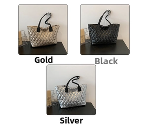 Three-grid detail view of quilted tote bags in gold, black, and silver metallic finishes