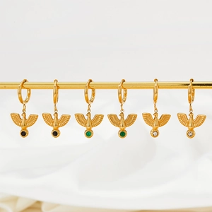 Gold peace dove hoop earrings with zircon pendants in black, green and white stones