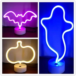 Neon LED Halloween lights set featuring purple bat, warm pumpkin, and blue ghost designs