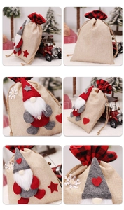 Detail of Christmas burlap drawstring gift bags with 3D gnome dwarf decorations