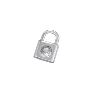 Macro detail of a silver padlock pendant featuring a central micro-pave zircon stone