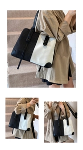 Three-way split view of a spacious contrast color tote bag styled by a model in a stairwell