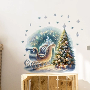 Sticker mural de Noël avec traîneau festif, sapin et cadeaux sur un mur blanc pur