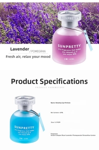 Detail view of 65ml frosted glass car fresheners showing lavender and ocean scent bottles