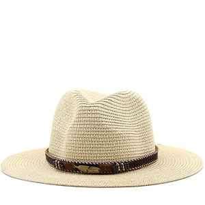 Chapeau De Paille Fedora À Large Bord Protection Solaire Été Plage Style Panama Avec Pendentif Plume En Métal Et Perles Hommes Femmes