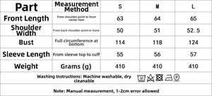 Size chart and care instructions for women printed cotton jacket featuring washing icons