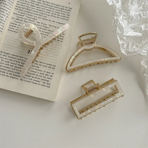 French style pearlescent mermaid color hair claw clips in three geometric gold shapes