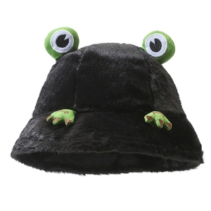 Cute black plush frog bucket hat with big green eyes and soft velvet paws for winter