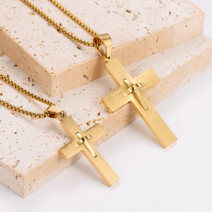 Gold stainless steel cross pendant necklaces with geometric patterns on box chains