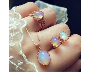 Detailed view of rose gold opal jewelry set featuring ring, pendant and earrings on model