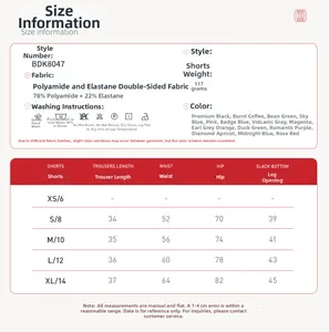 Size chart and fabric details for cloud-feel high-waisted fitness yoga shorts