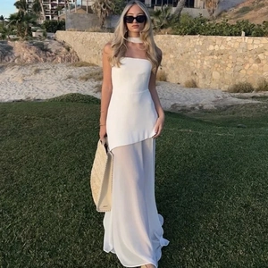 Women Maxi Dress Polyester Chiffon Backless Halter Neck Tube Top Slit Layered Elegant Vacation Party Evening Summer