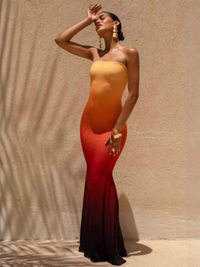 Elegant strapless sunset gradient bodycon maxi dress for women summer beach vacation