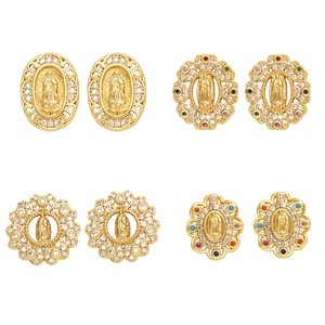 Virgin Mary Stud Earrings Copper Gold Plated Our Lady Of Guadalupe Colorful Zircon Vintage Religious Jewelry For Women