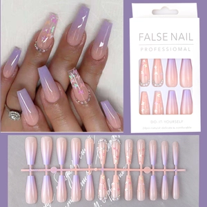 Purple gradient long coffin press-on nails with butterfly and rhinestone decorations