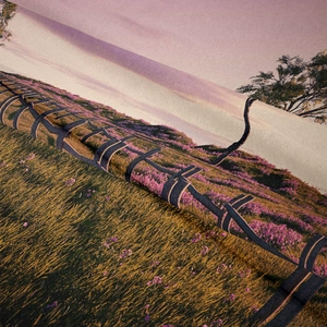Macro shot of soft microfiber landscape tapestry fabric with floral field and trees