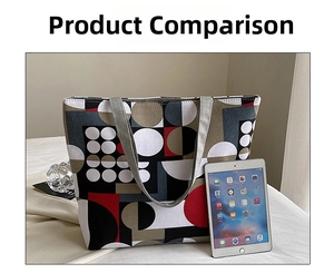 Detailed comparison of the geometric printed canvas tote bag size relative to an iPad