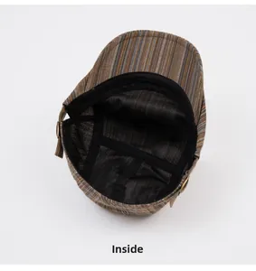 Detail view of the interior lining and sweatband of the colorful striped beret cap