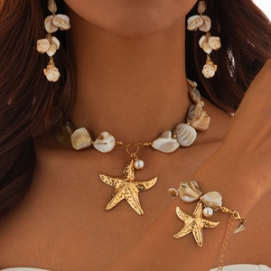 Bohemian Starfish Shell Artificial Pearl Alloy Necklace Earrings Bracelet For Women Summer Beach Ocean Jewelry Silver Earring Post
