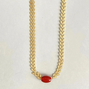 Golden wheat leaf chain necklace featuring a vintage red agate stone pendant for women