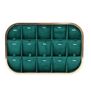 Dark green 15-slot velvet jewelry display tray with elegant gold metal aluminum frame