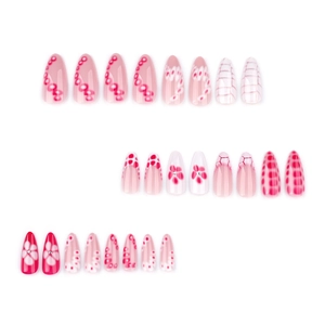 Pink and red almond press on nails with floral art and silver rhinestone accents