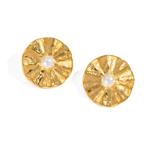Close-up of golden ruffled texture hoop earrings with central white pearl inlay