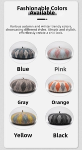 Detailed view of color block wool berets showing six vibrant checkered color options