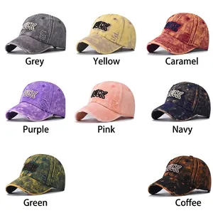 Vintage washed distressed baseball caps with 'LUCK' embroidery in 8 varied colors