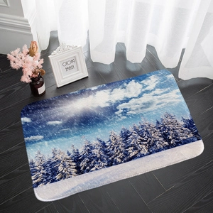 Winter snow forest scene flannel absorbent floor mat on dark wooden floor