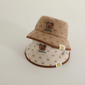Toddler Kids Corduroy Bucket Hat Cartoon Bear Print Embroidery Wide Brim Fisherman Cap For Boys Girls Windproof Rope