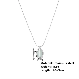 Stainless steel snake chain necklace with green cat-eye stone pendant in 18k gold plating