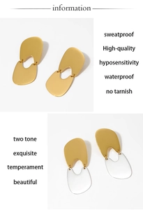 Detailed view of two-tone geometric stainless steel earrings with polished gold finish