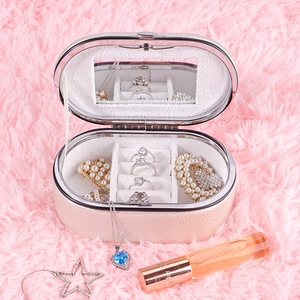 Portable white PU leather jewelry box with mirror and travel storage compartments