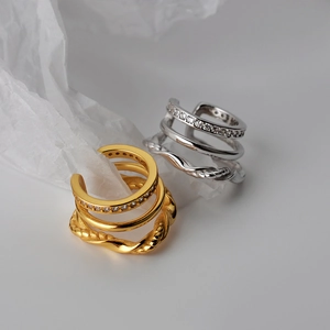 Three-layer S925 silver ear cuff with zircon inlay and twisted rope texture in gold and silver