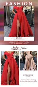 Detail eines schulterfreien Satin-Abendkleids mit hohem Schlitz und tailliertem Schnitt