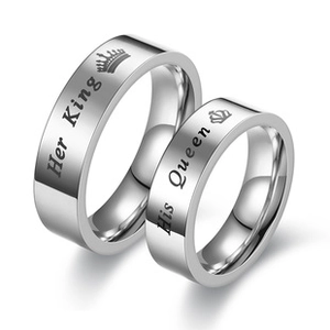 Polished stainless steel couple rings engraved with Her King and His Queen lettering