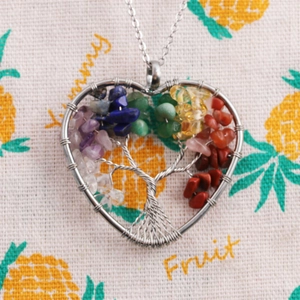 Stainless steel heart pendant necklace with colorful crystal stones tree of life design