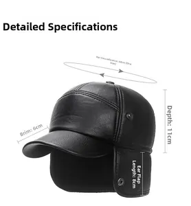 Detailed view of black PU leather winter hat with earflaps and dimensions for seniors