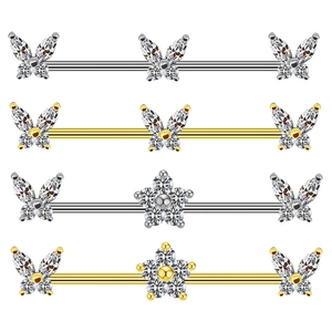 Industrial Barbell Ear Piercing 316L Stainless Steel Butterfly Flower Cubic Zirconia Body Jewelry For Women