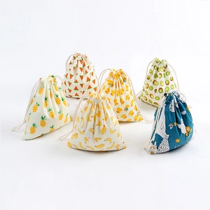Cotton Linen Drawstring Storage Bag Printed Fruit Animal Pattern Portable Pouch Organizer For Jewelry Candy Gifts
